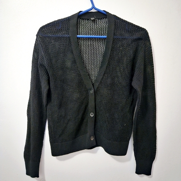 Uniqlo Black Sz XS Sheer Mesh Crochet Knited Open Button Down Cardigan Sweater - Picture 2 of 8